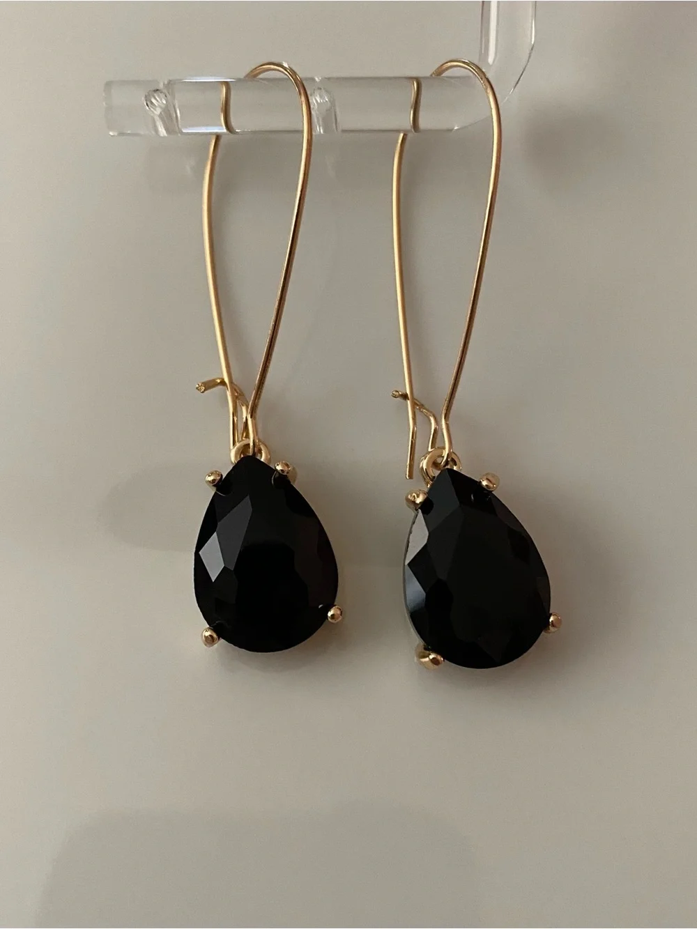 Gold Teardrop Black Stone Dangle Earrings